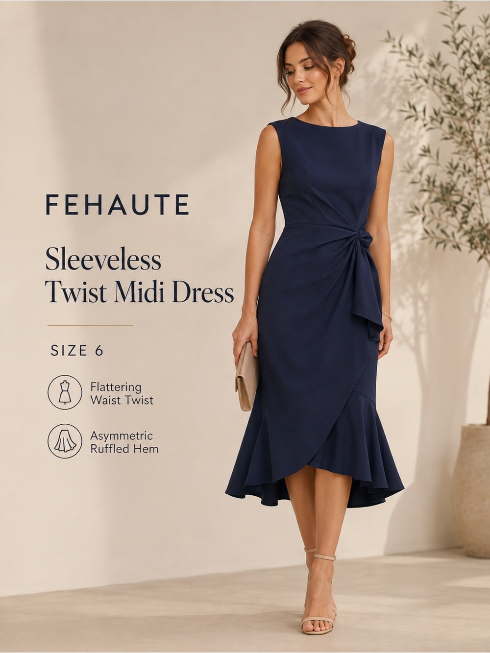 FEHAUTE Navy Sleeveless Twist Waist Ruffle Midi Dress Size 6